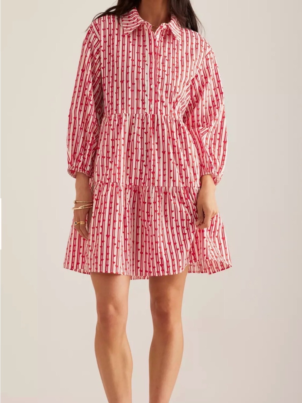 Maeve Anthropologie Red White Heart Button-Front Tiered Bettina Dress Size small